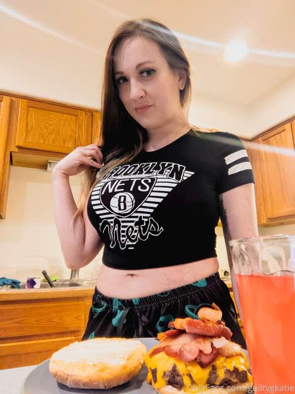 It was cheat day so I had a big, gooey bacon cheeseburger! S..