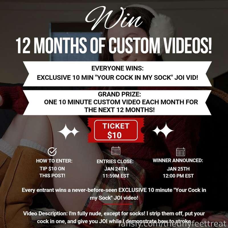 Want to win a A YEAR of custom videos?
-
One winner gets one 10 minute custom video each month for the next 12 months!
-
• Enter by tipping $10 on this post!
• Entries close January 24th at 11:59pm EST
• Winner announced January 25th  at 12 EST
• Unlimited entries! Enter as many times as you'd like!
• Every entrant wins a never-before-seen EXCLUSIVE 10 minute "Your Cock In My Sock" video!

Video Description: I'm fully nude, except for socks! I strip them off, put your cock in one, and give you JOI while I demonstrate how to stroke

Please note:
Entries received after the deadline or entries sent as tipping in DMs instead of tipping on this post will not be honored! No exceptions