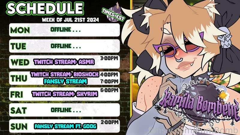 ✨ Stream Schedule for this week! ✨

@Mrgoogs IS GONNA BE VISITING ME THIS WEEK FOR FILMING... SO, WE'RE GONNA HAVE AN IRL COLLAB EARLY ON SUNDAY! 

Links for streams:
https://fansly.com/live/KumBomb
https://www.twitch.tv/kamilabombette

#fyp | #vtuber | #lewdtuber | #hentai | #anime | #brat | #ass | #boobs | #goth | #thicc | #bigass | #pawg | #amateur | #asmr | #eroticaudio