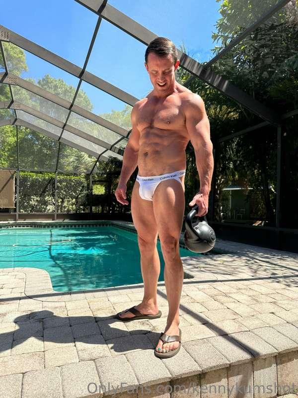 Getting ready for a poolside workout.