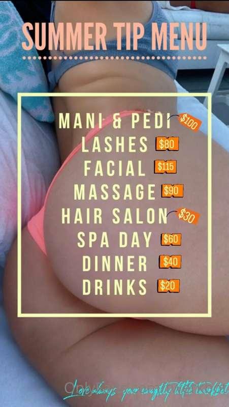 SUMMER TIP MENU 🥰🍉 Let’s have a sexy summer together, tip me..