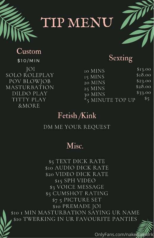 My new Tip menu 🤤🖤
Treat me like a Queen and I’ll treat you ..