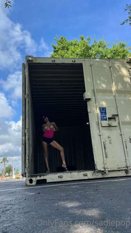 Boobies out in a creepy shipping container at my local Honda..